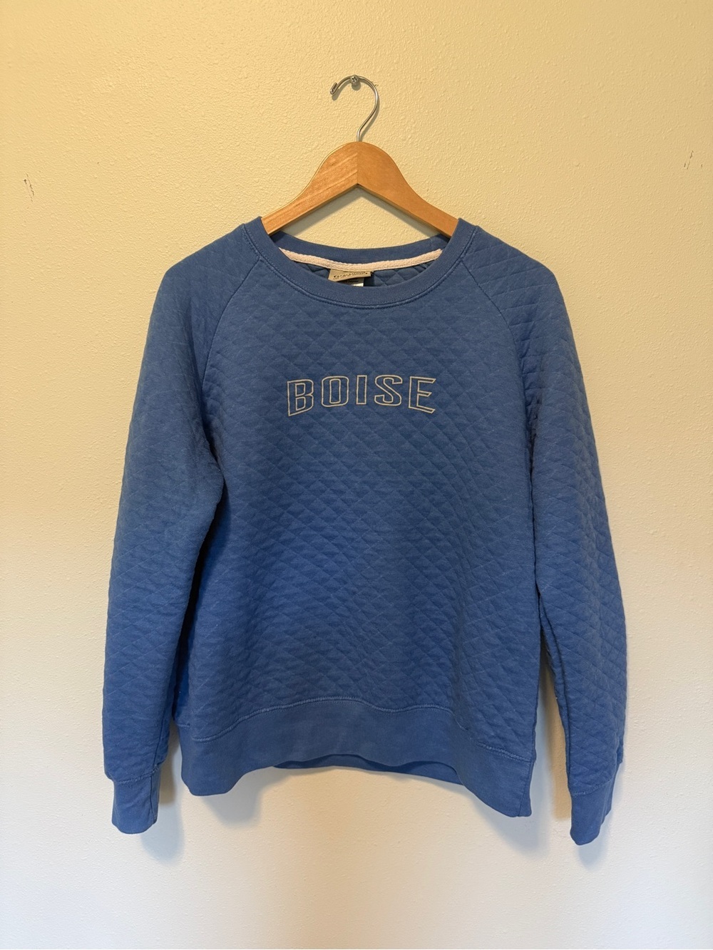 Artisan Quilted Crewneck Sweater in Blue with 'BOISE' Lettering